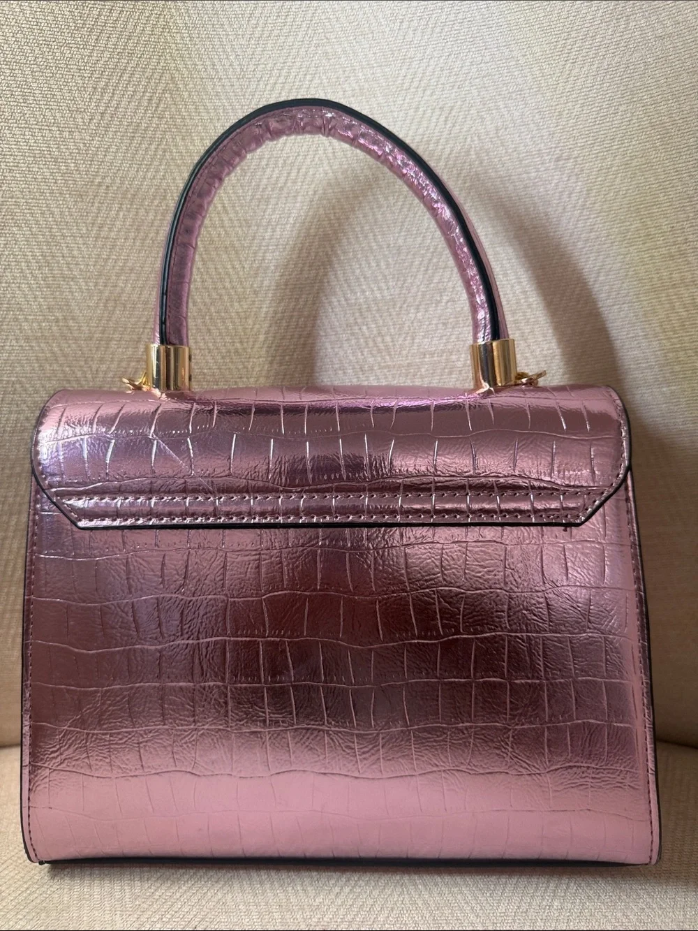 Source Unknown Metallic Pink Croc-Embossed Top Handle Satchel with Gold Chain